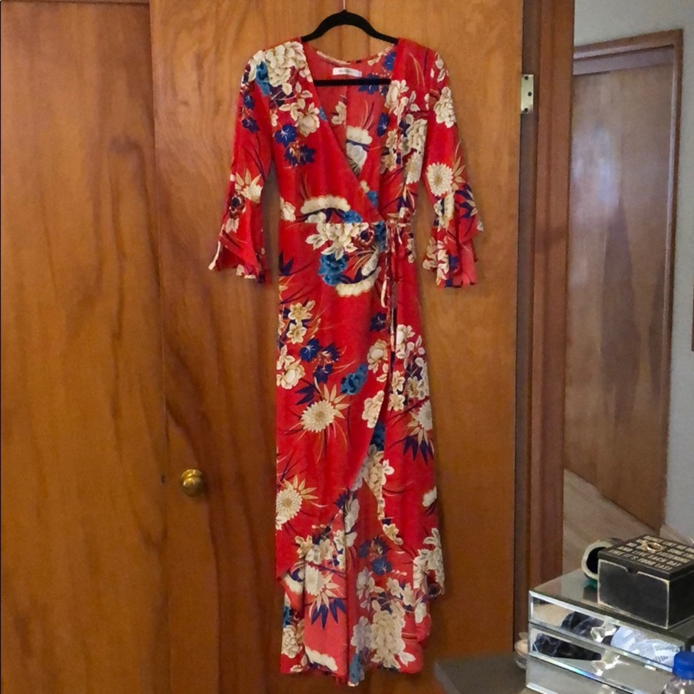 Red floral wrap dress